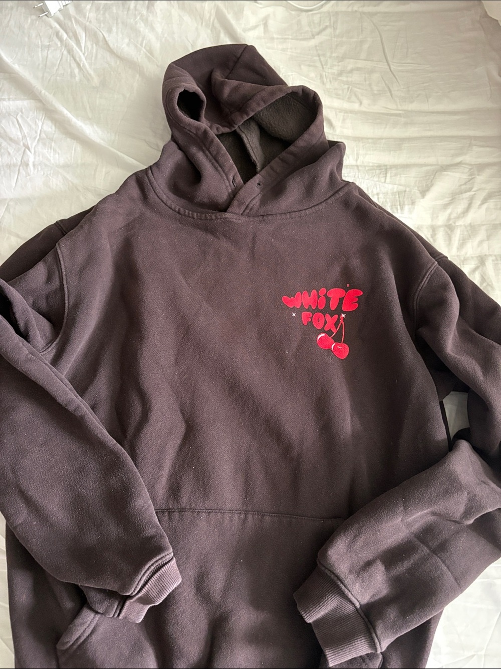 White Fox Boutique Brown Hoodie with Red Cherry Graphic